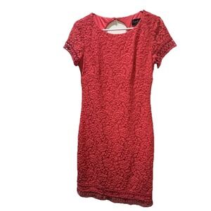 Laundry by Shelli Segal Coral Lace Sheath Short Sleeve Dress Keyhole Back Size 8